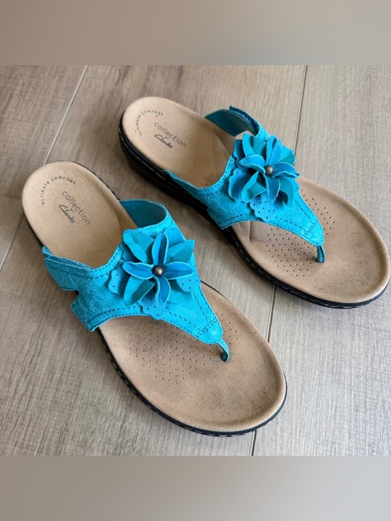 Clarks Shoes - Clarks Laurieann Gema Women’s US 8 Turquoise Leather Adjustable Flat Sandals